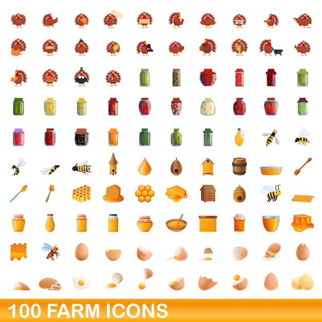 100 농장 아이콘을 설정합니다. 100 농장 아이콘 벡터 세트의 만화 그림 흰색 배경에 고립