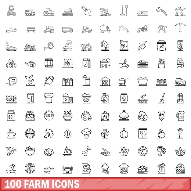 Vector 100 farm icons set outline style