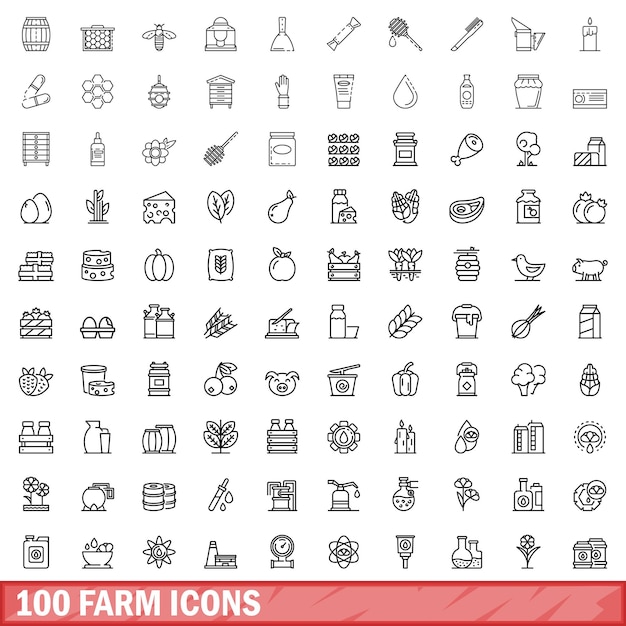 100 farm icons set outline style