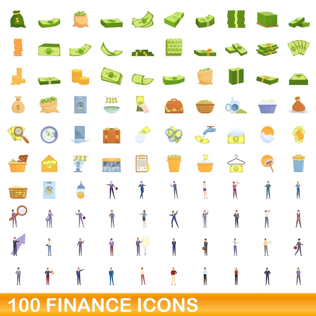 100 finance icons set, cartoon style