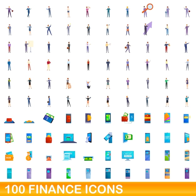 100 Financiën pictogrammen instellen. Cartoon illustratie van 100 financiën iconen vector set geïsoleerd op een witte background