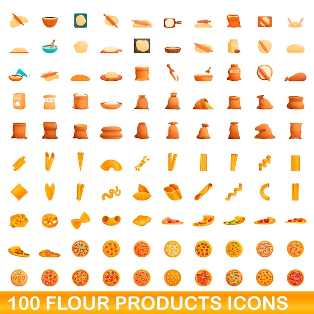 100개의 밀가루 제품 아이콘이 설정되었습니다. 100 밀가루 제품 아이콘의 만화 그림 격리 설정