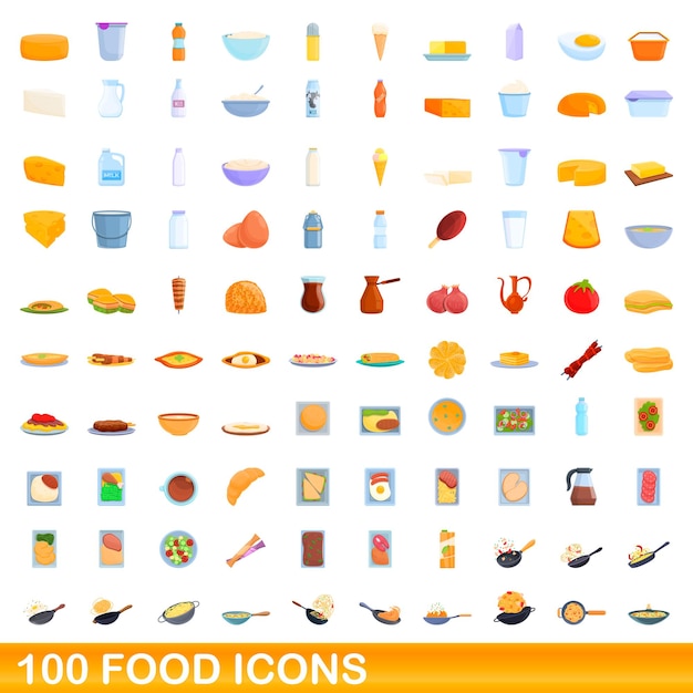 Набор иконок 100 продуктов питания. Карикатура иллюстрации 100 набор иконок продуктов питания изолированы