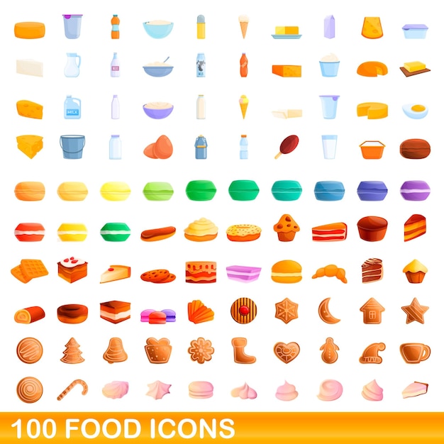 100 food icons set. Cartoon illustration of 100 food icons vector set isolated on white background