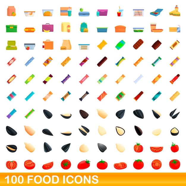 100 icone dell'alimento messe. un'illustrazione del fumetto di 100 icone di cibo insieme vettoriale isolato su sfondo bianco