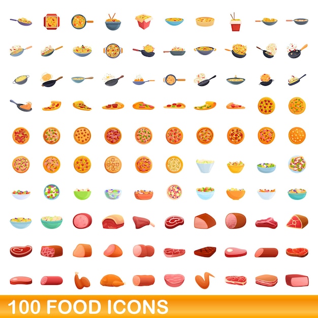 Набор из 100 пищевых иконок, мультяшный стиль
