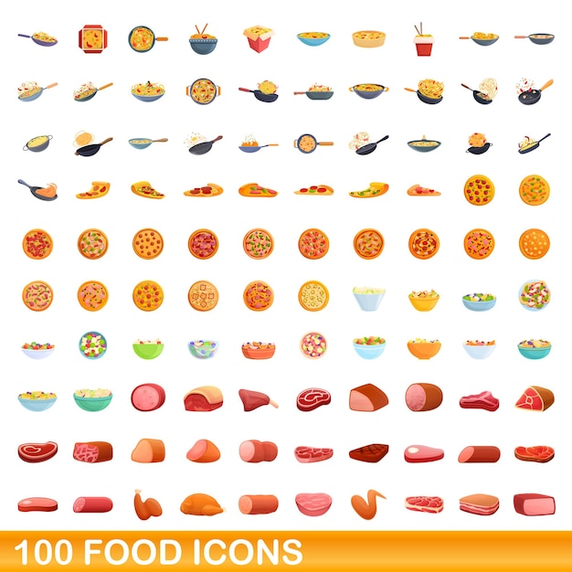 100 food icons set, cartoon style