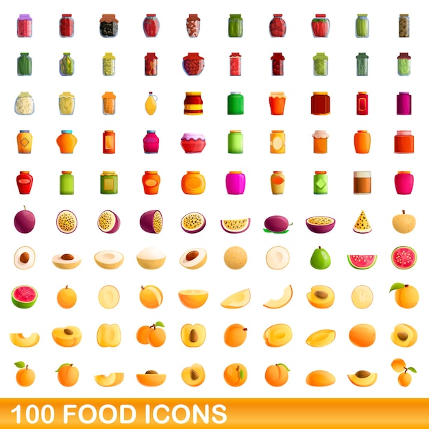 100 food icons set, cartoon style