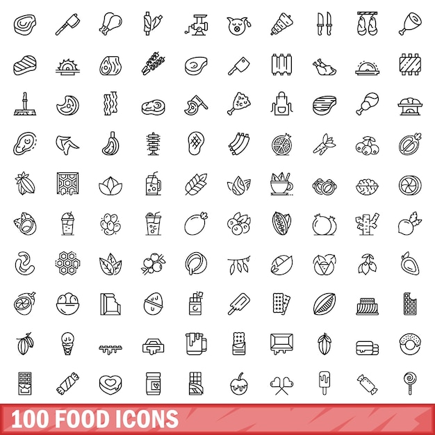 Vector 100 food icons set outline style