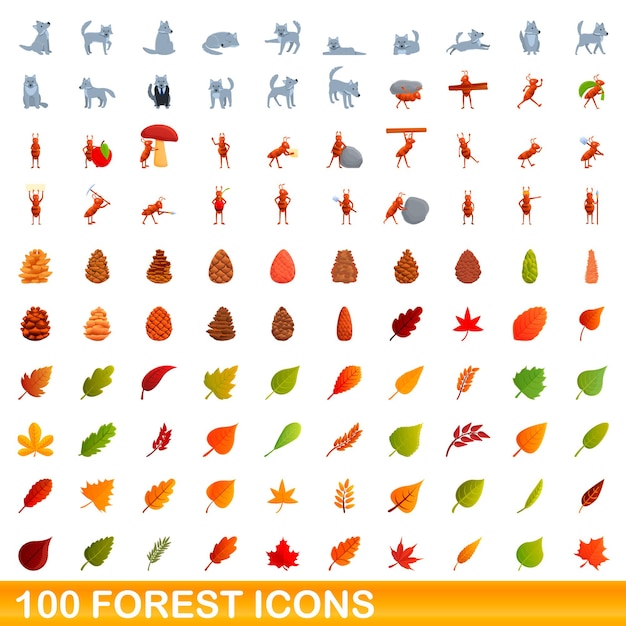 100 icone della foresta impostate. un'illustrazione del fumetto di 100 icone di foresta insieme vettoriale isolato su sfondo bianco Vettore Premium