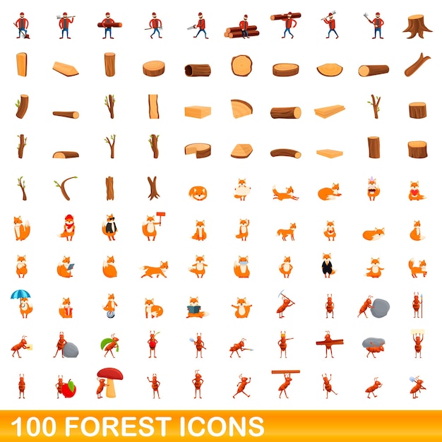 100 forest icons set. cartoon illustration of 100 forest icons vector set isolated on white background