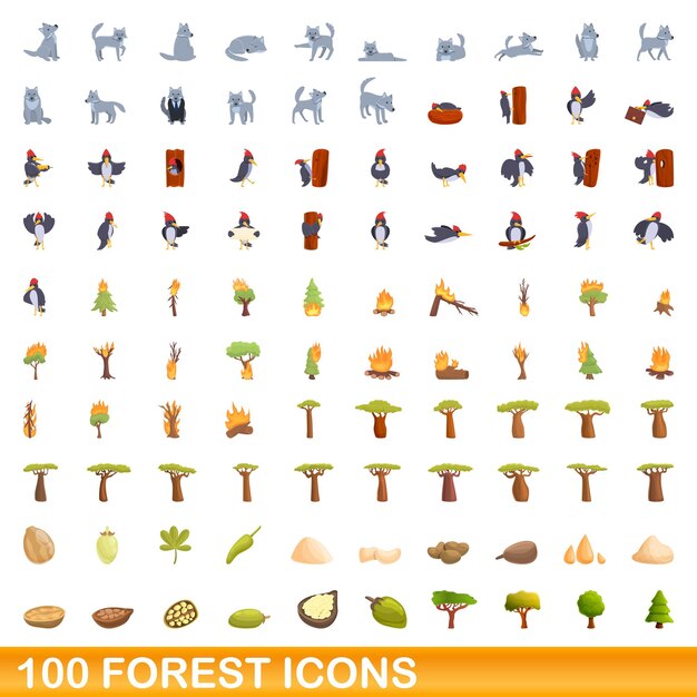 Vector 100 forest icons set, cartoon style