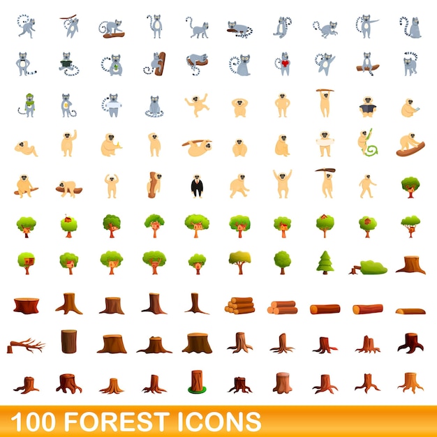 Vector 100 forest icons set, cartoon style