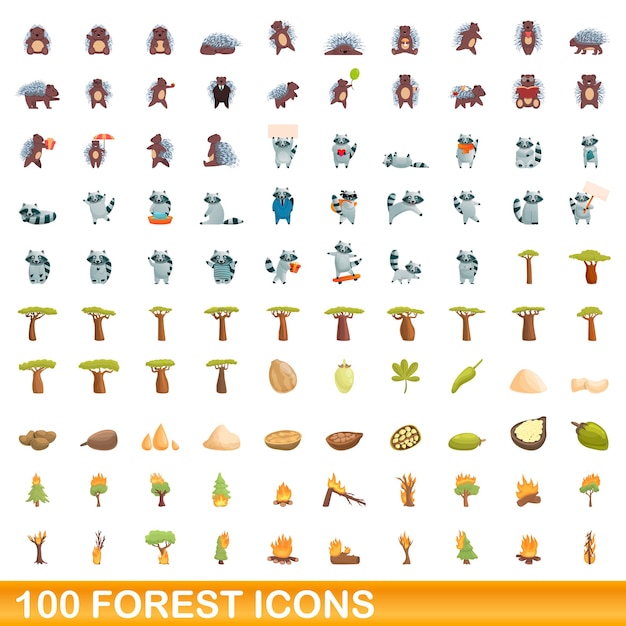 100 icone della foresta impostate, stile cartone animato