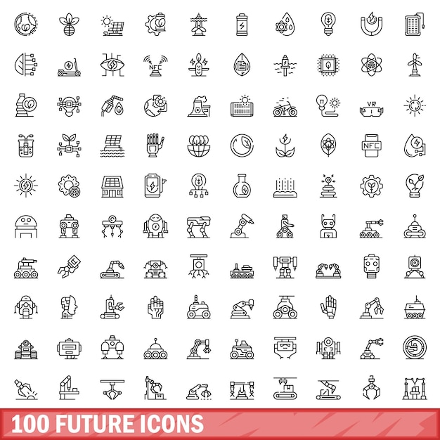 100 future icons set outline style