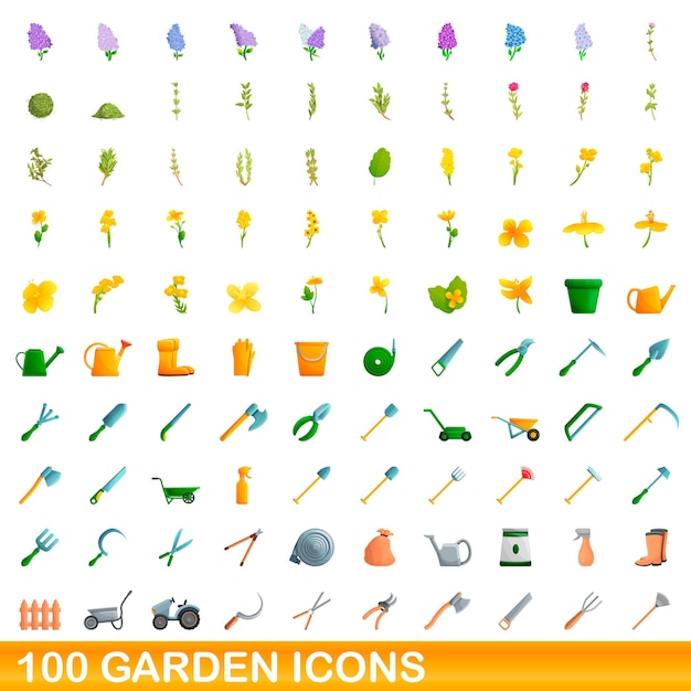 100 garden icons set. Cartoon illustration of 100 garden icons vector set isolated on white background