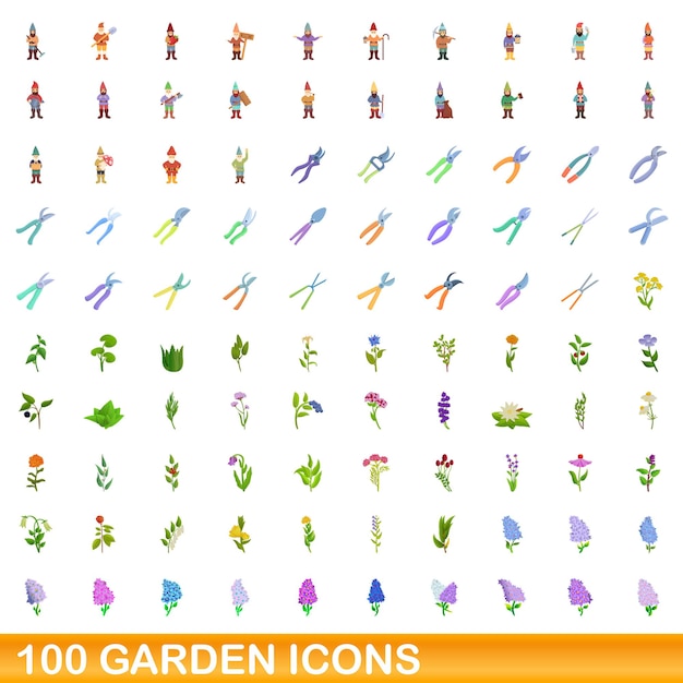 100 icone del giardino impostate, stile cartone animato