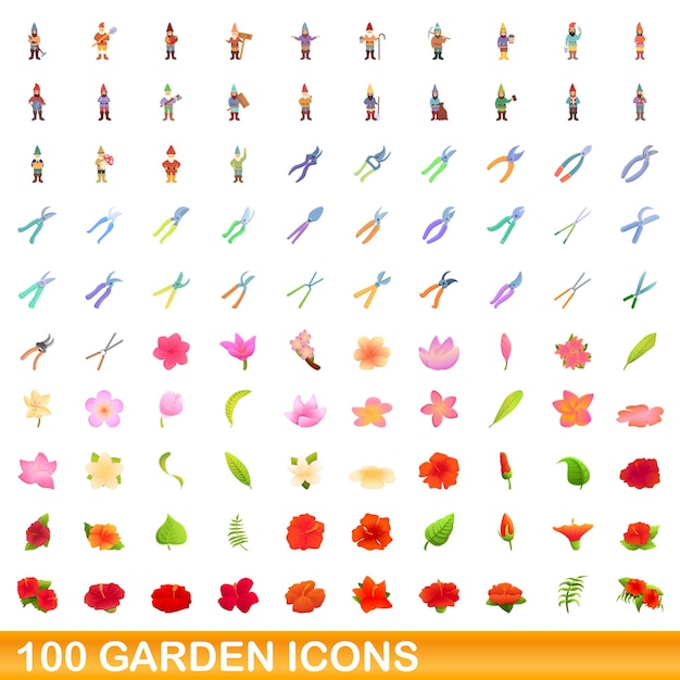 100 garden icons set, cartoon style