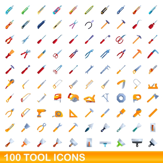 100 gereedschapspictogrammen instellen. Cartoon illustratie van 100 gereedschap iconen vector set geïsoleerd op een witte background