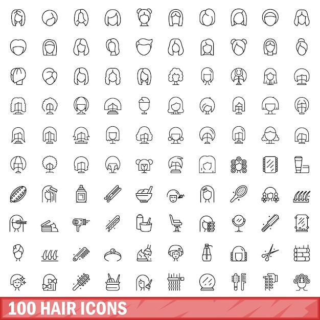 100 hair icons set outline style