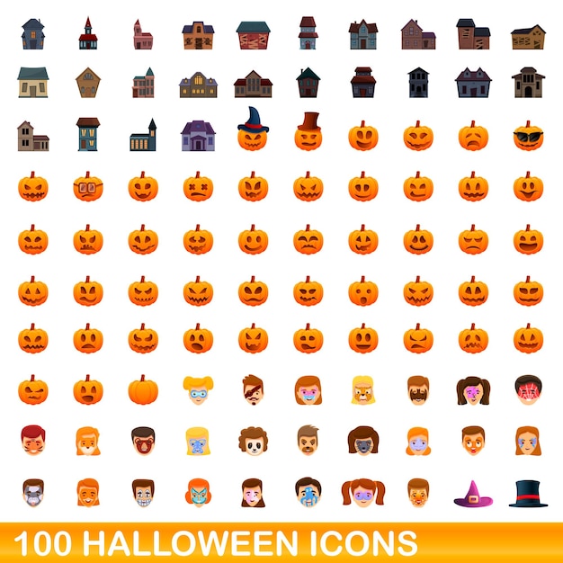 100 halloween-pictogrammen instellen. Cartoon illustratie van 100 halloween iconen vector set geïsoleerd op een witte background