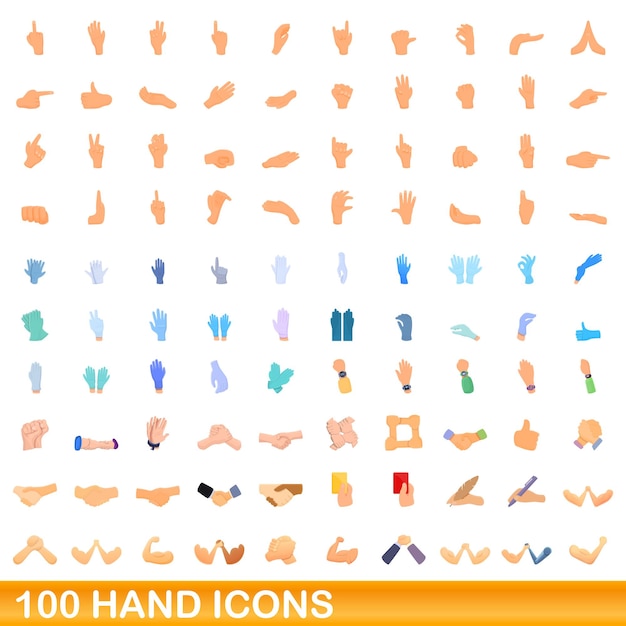 Vector 100 hand icons set, cartoon style