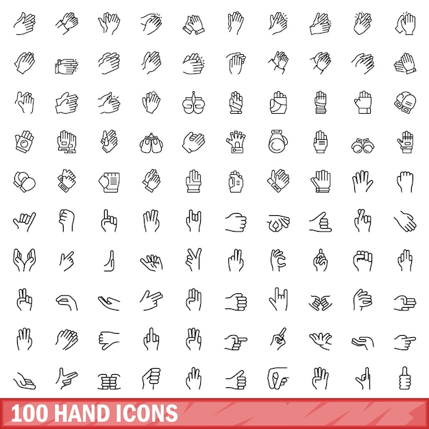 Vector 100 hand icons set outline style