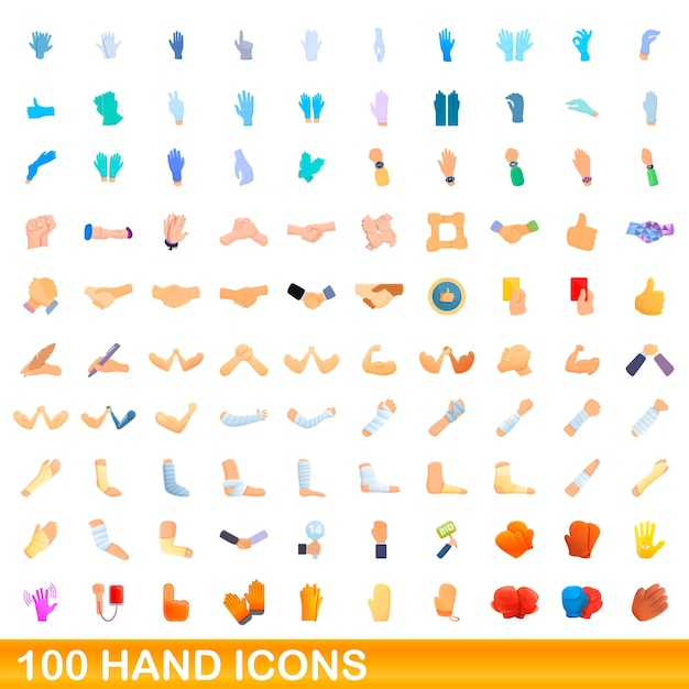 100 handpictogrammen instellen. cartoon illustratie van 100 hand iconen set geïsoleerd