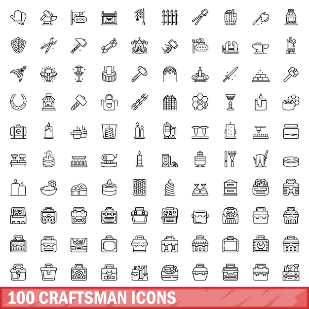 100 handwerksiconen set Outline illustratie van 100 handwerkersiconen vector set geïsoleerd op witte achtergrond