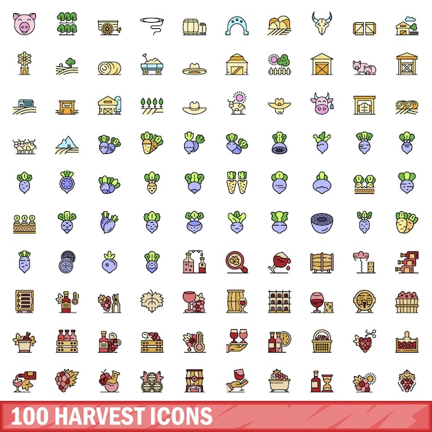 100 harvest icons set Color line set of harvest vector icons thin line color flat on white