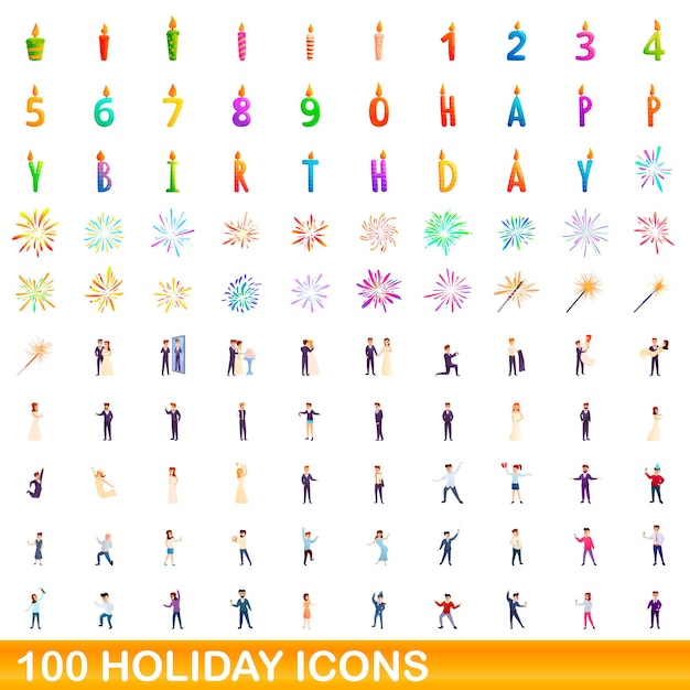 100 holiday icons set. Cartoon illustration of 100 holiday icons vector set isolated on white background