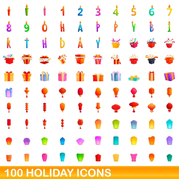 100 icone di vacanza impostate. cartoon illustrazione di 100 icone di vacanza insieme vettoriale isolato su sfondo bianco