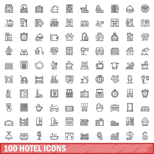 Vector 100 hotel icons set outline style