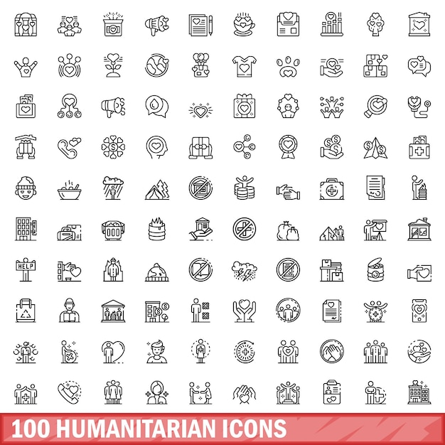 100 人道的なアイコンセット - 100 人道的アイコンセットの概要イラスト - 白い背景に隔離されたベクトルセット