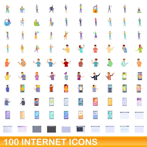 100 internet iconen set, cartoon stijl