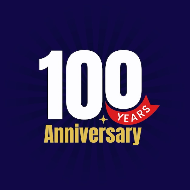 100 jaar logo met vetgedrukte moderne tekst en rood lint op blauwe achtergrond