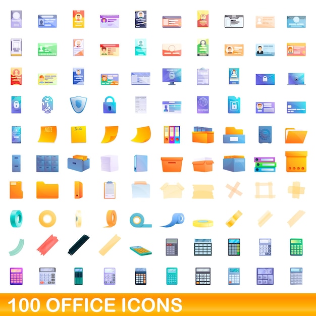 100 kantoorpictogrammen instellen. Cartoon illustratie van 100 kantoor iconen vector set geïsoleerd op een witte background