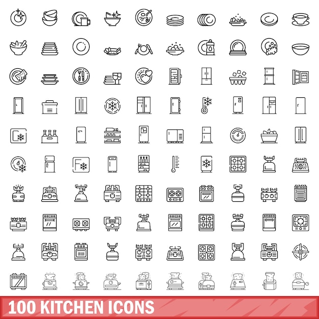 100 kitchen icons set outline style