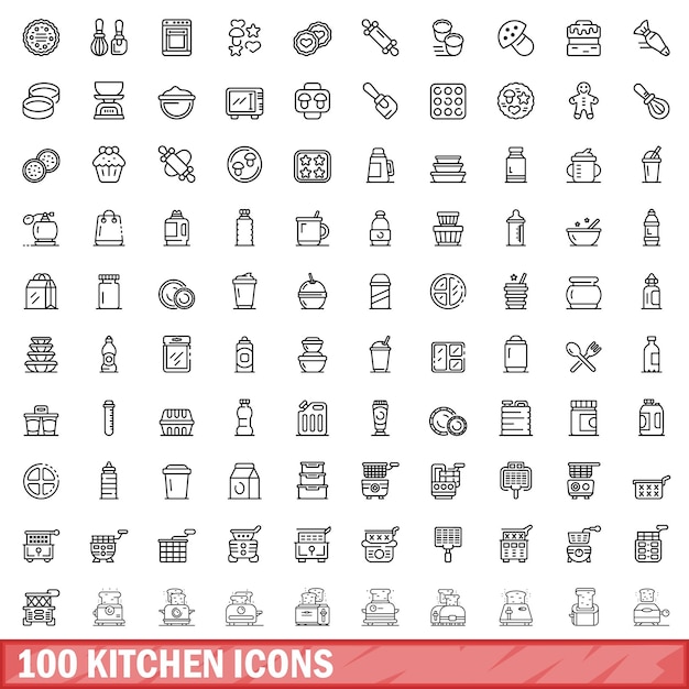 Vector 100 kitchen icons set outline style