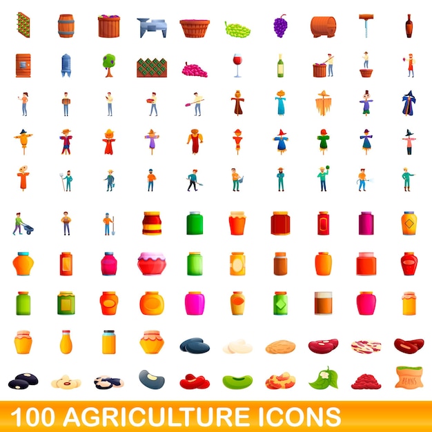 100 landbouw pictogrammen instellen. Cartoon illustratie van 100 landbouw iconen set geïsoleerd