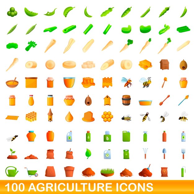 100 landbouw pictogrammen instellen. cartoon illustratie van 100 landbouw iconen vector set geïsoleerd op een witte background