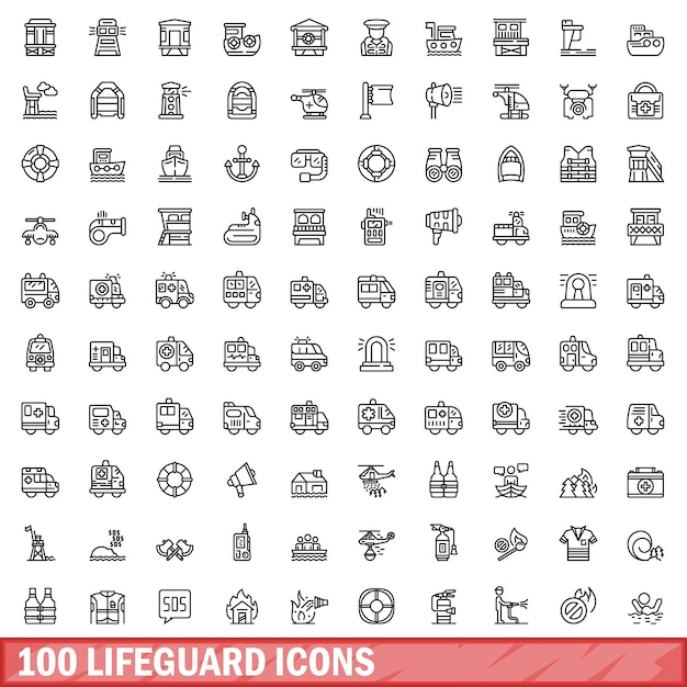 100 lifeguard icons set Outline illustration of 100 lifeguard icons vector set isolated on white background