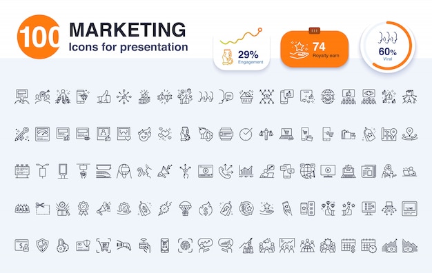 Vettore 100 icona linea di marketing per la presentazione