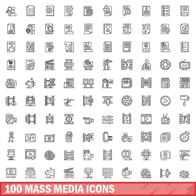 Vector 100 mass media icons set outline style