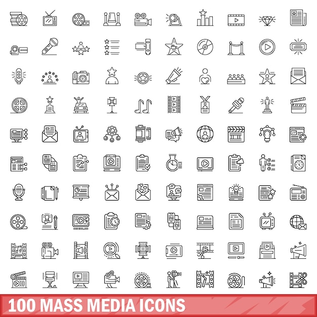 100 mass media icons set outline style