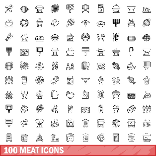 100 meat icons set outline style