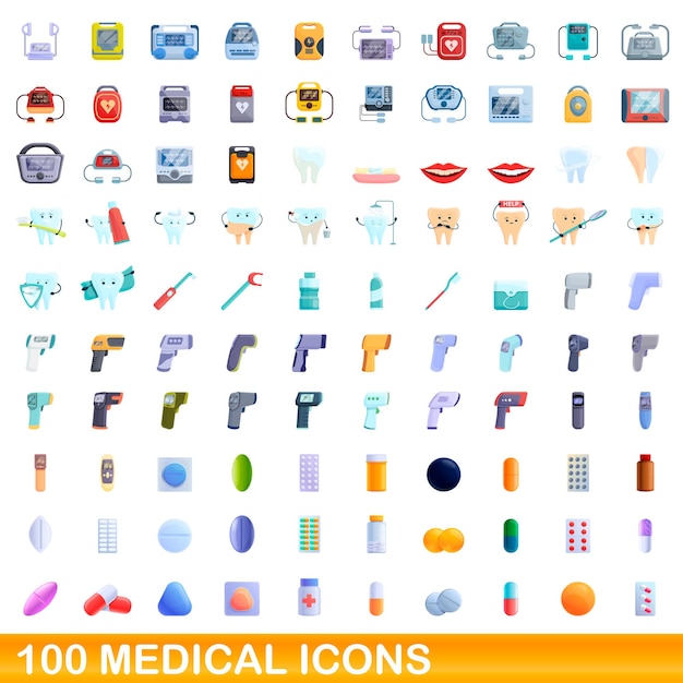 100 medical icons set. cartoon illustration of 100 medical icons vector set isolated on white background