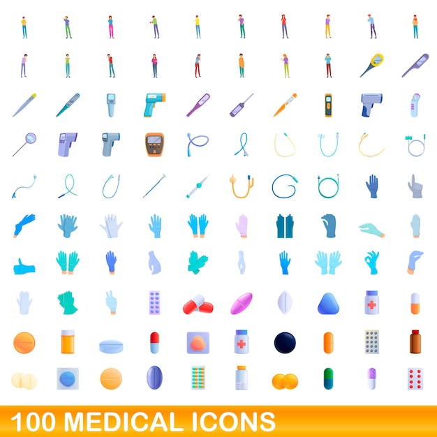 100 의료 아이콘을 설정합니다. 흰색 배경에 고립 된 100 의료 아이콘 벡터 세트의 만화 그림