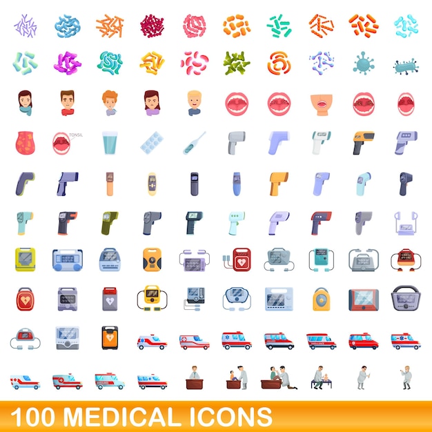 Набор из 100 медицинских икон, мультяшный стиль