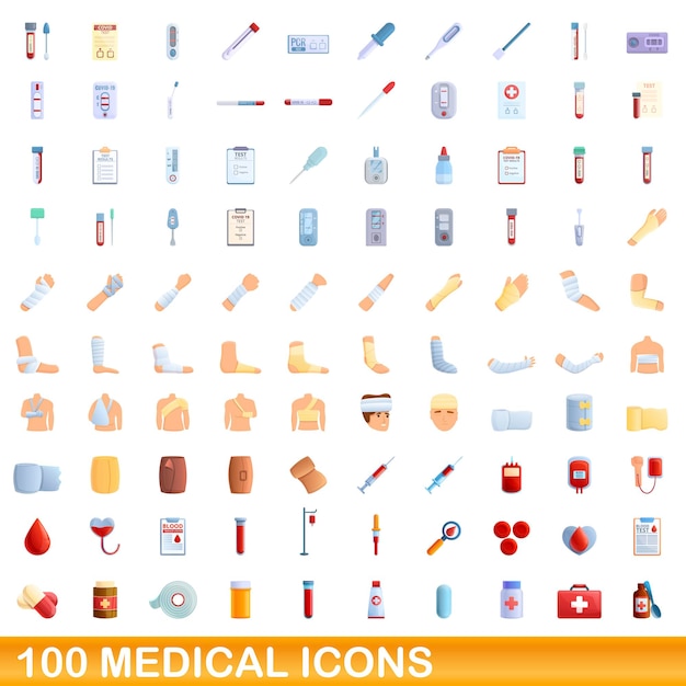 100 medical icons set, cartoon style